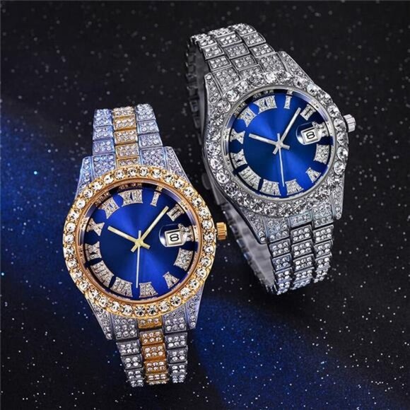 Men's Diamond Watch Fashion Crystal Rhinestone Quartz Analog Watch Iced-Out - Picture 4 of 7
